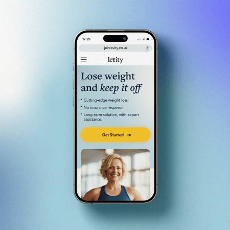 Levity mobile interface with weight care messaging on a blue and teal backdrop.