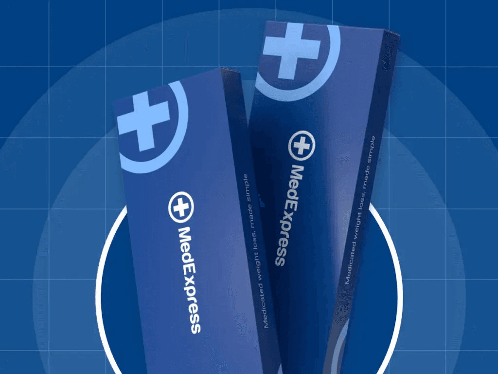 Minimal clinical still life with glass skincare and pharmacy tools on a pale backdrop.